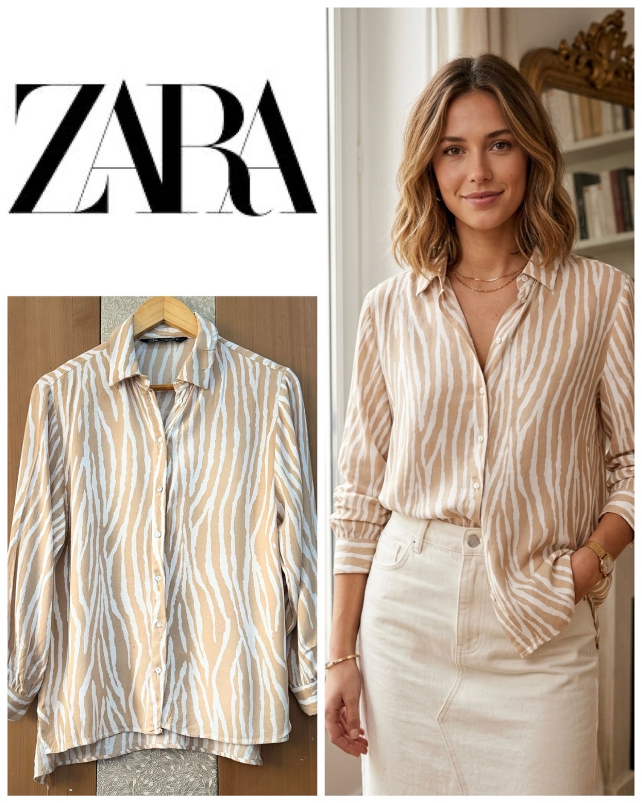 Zara Cream and Tan Patterned Blouse