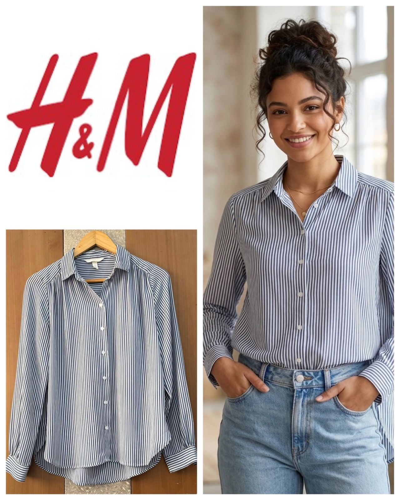 H&M Blue White Striped Flowy Office Daywear Career Blouse Top Shirt