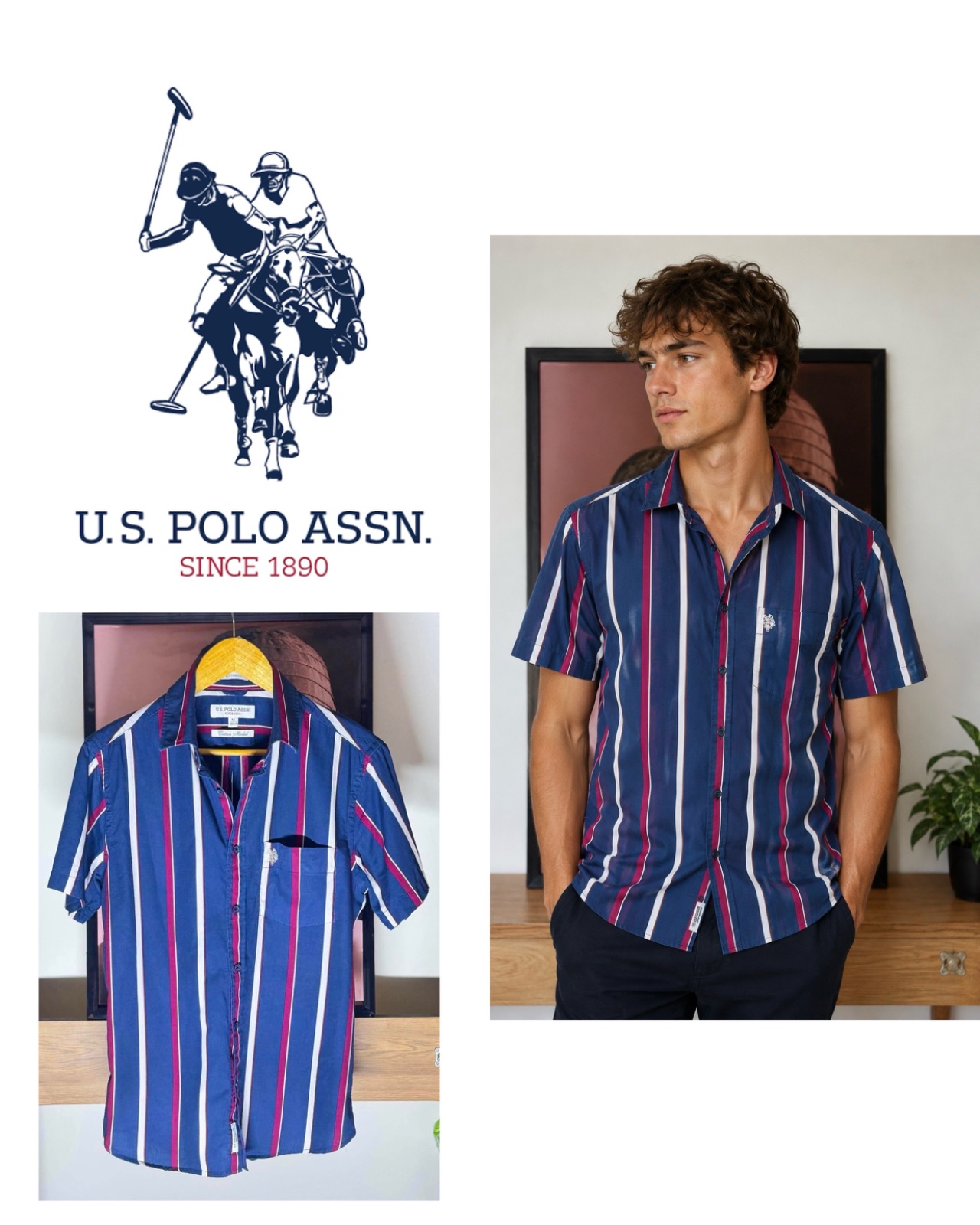 Us polo assn Mens medium Stripe Button Down Short Sleeve‎ Shirt Casual