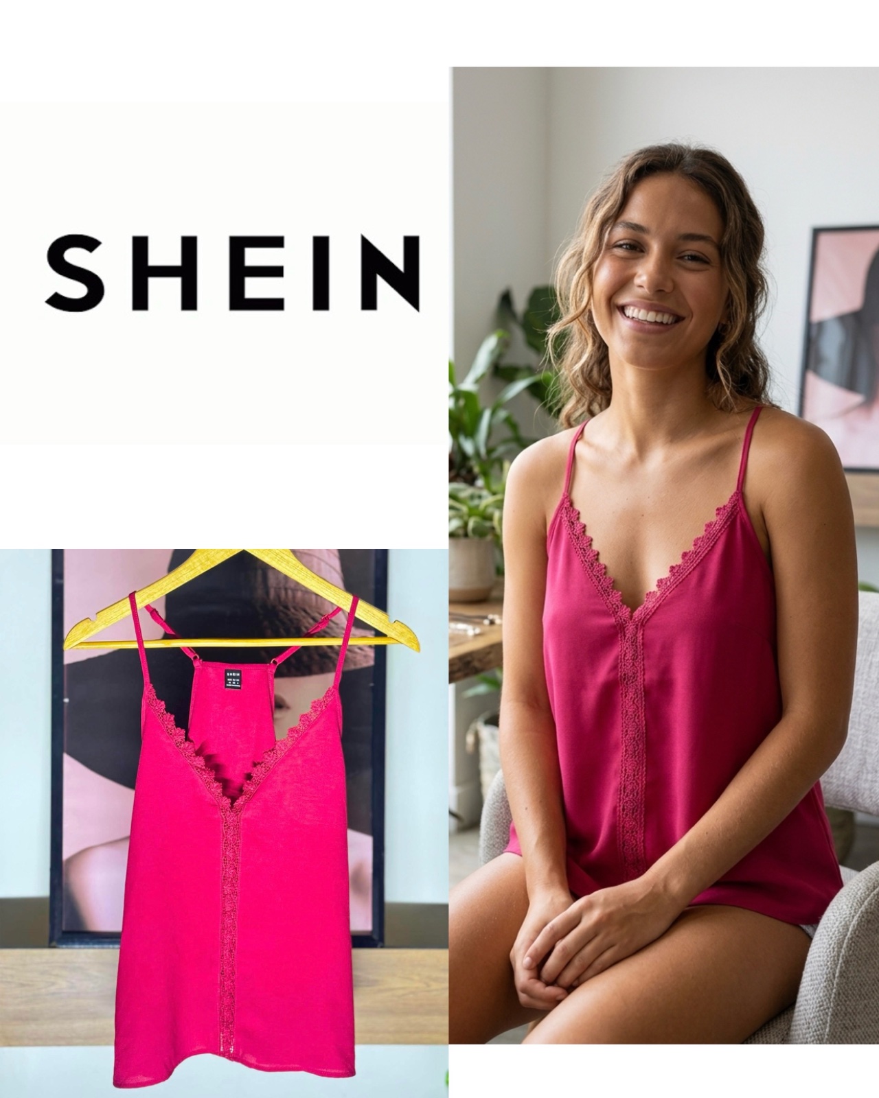 Shein Red Lace Trim V-Neck Cami Top w/Adjustable Spaghetti Straps -medium