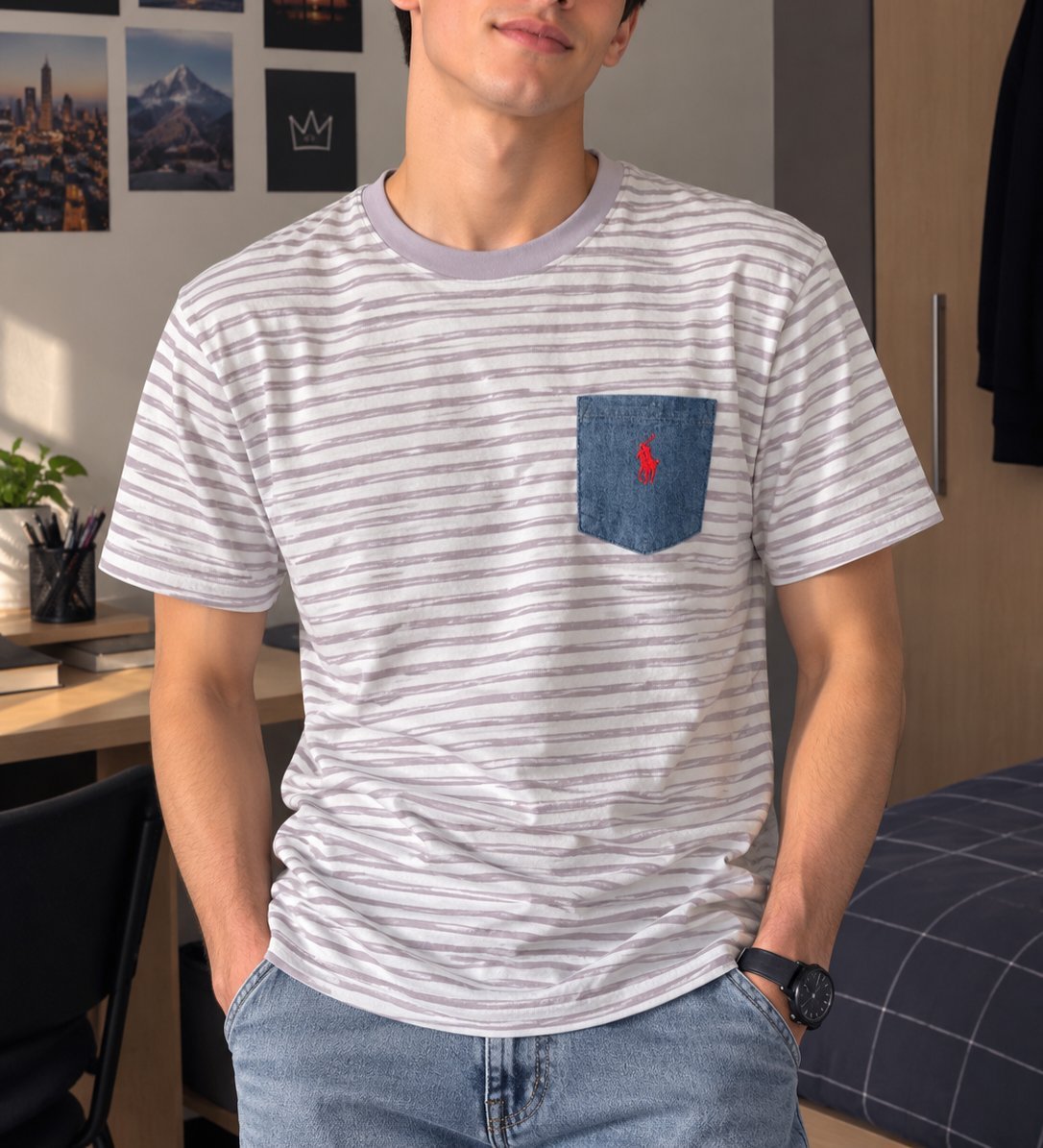 ✨ T-shirt Ralph Lauren – Taille M ✨  🤍💜 Magnifique T-shirt blanc à rayures violettes, 