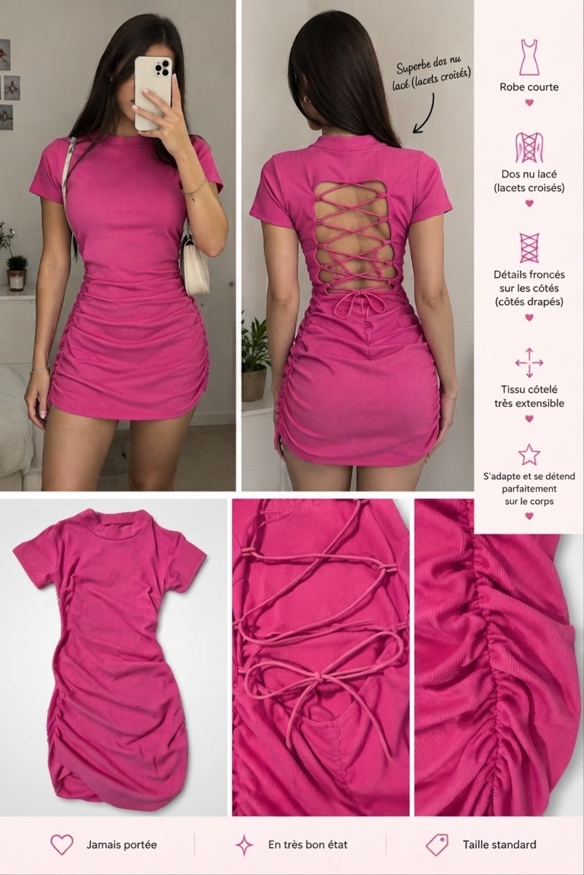 Robe courte rose fuchsia avec laçage dos nu