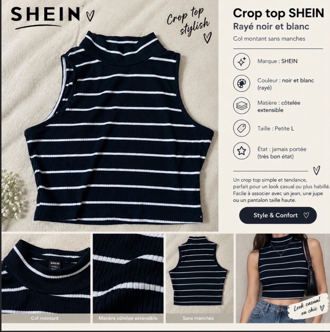 Crop top SHEIN rayé noir et blanc