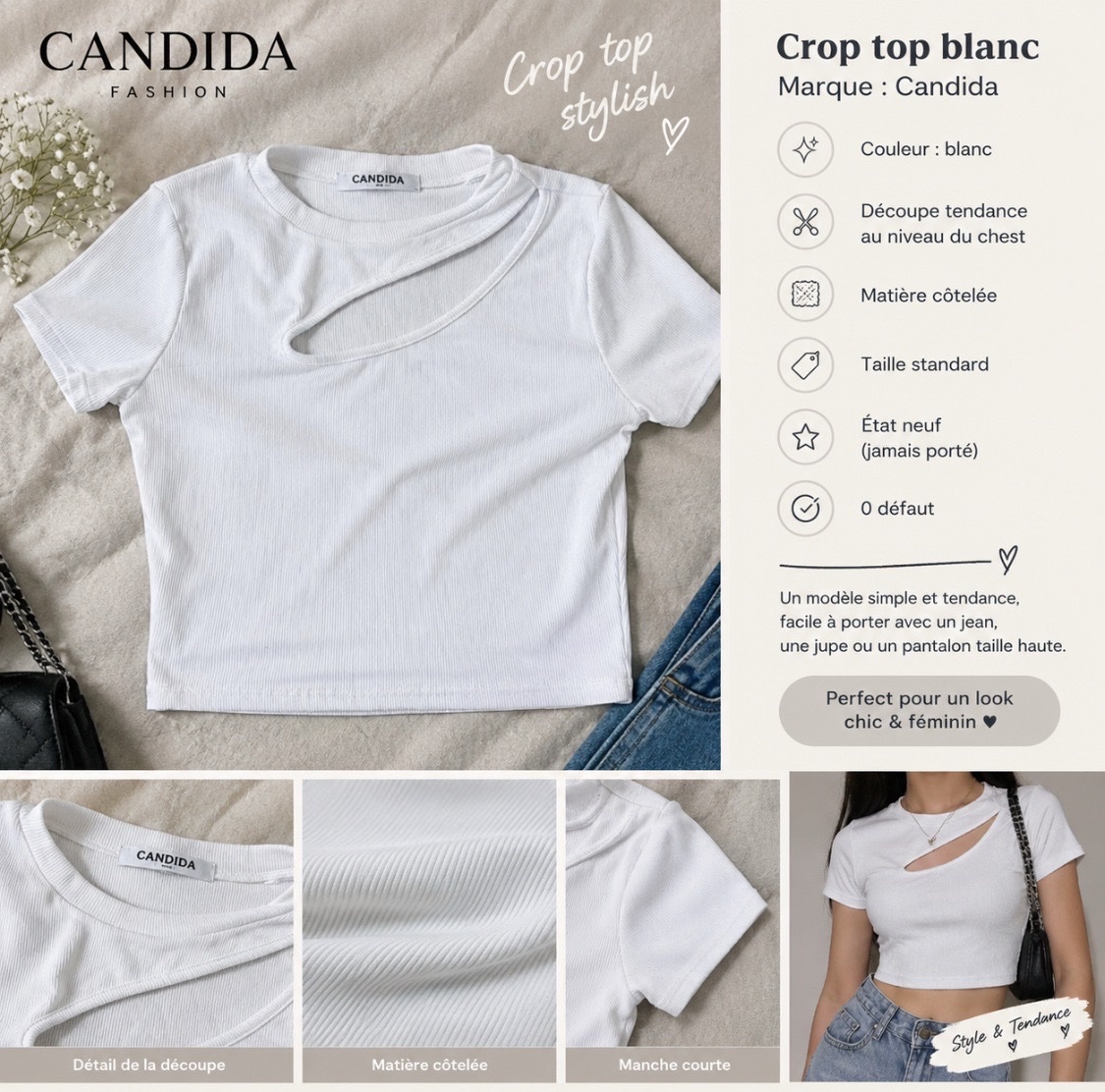 Crop top blanc CANDIDA avec découpe