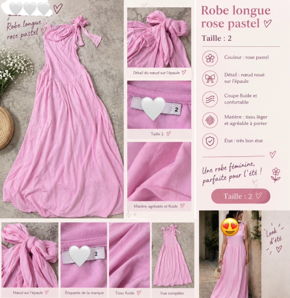Robe longue rose pastel style romantique avec nœud sur l'épaule