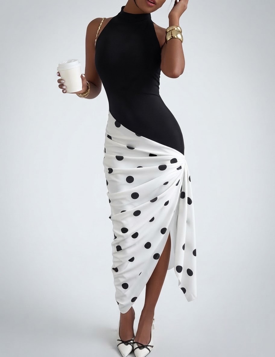  Robe décontractée pour femmes avec imprimé à pois, ourlet asymétrique froncé et sans manches