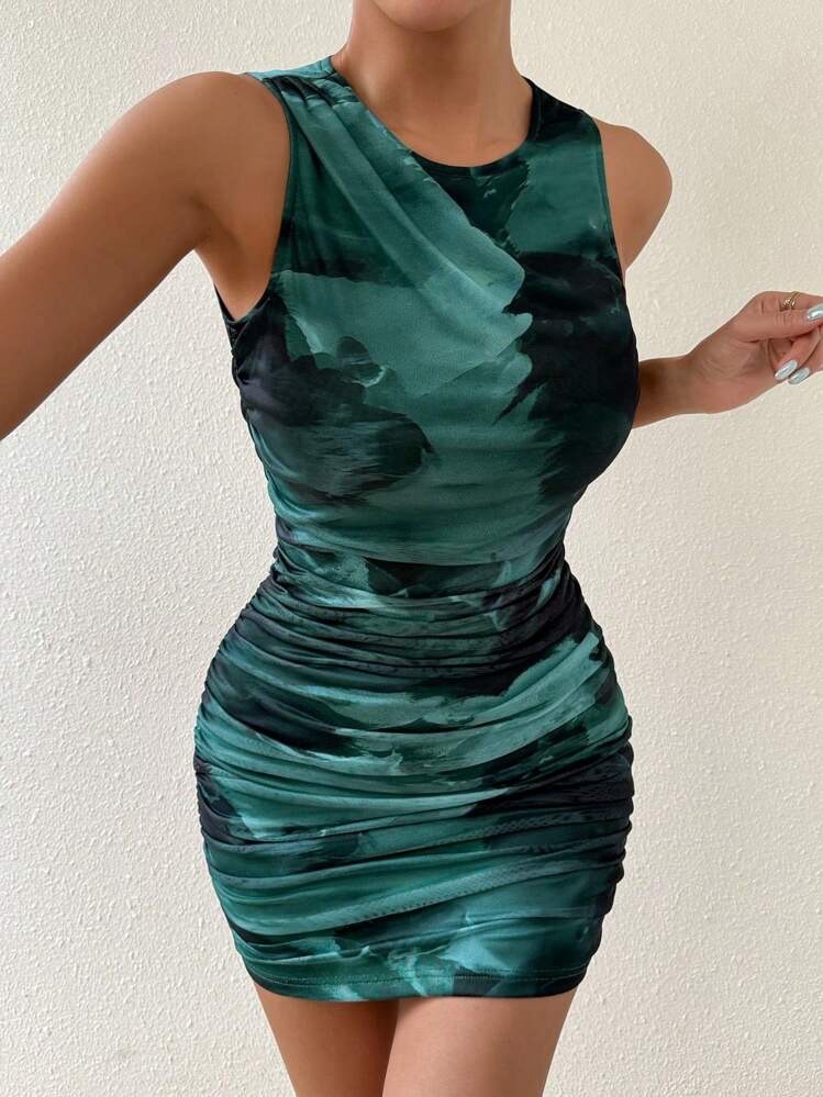 Green Floral Print Fitted Mini Dress - Mini Robe Moulante
