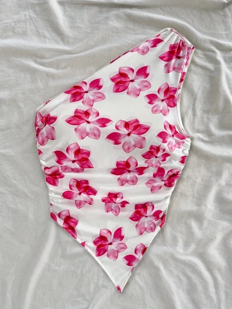 Top asymétrique fleuri rose et blanc