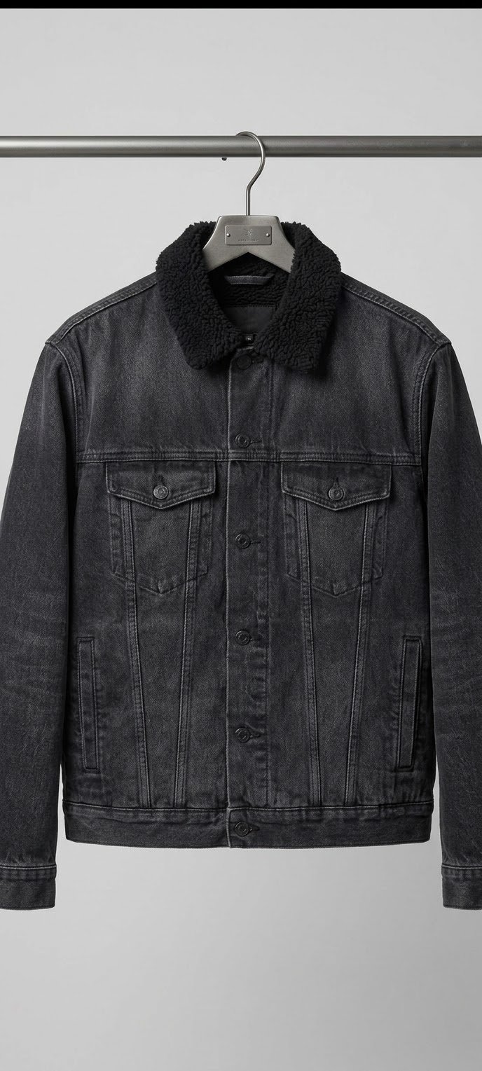 Veste en jean noire avec col moumoute / sherpa