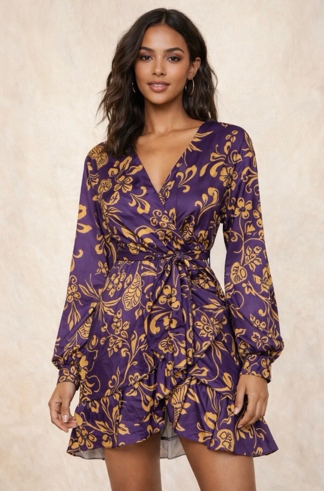 Robe florale portefeuille effet satiné