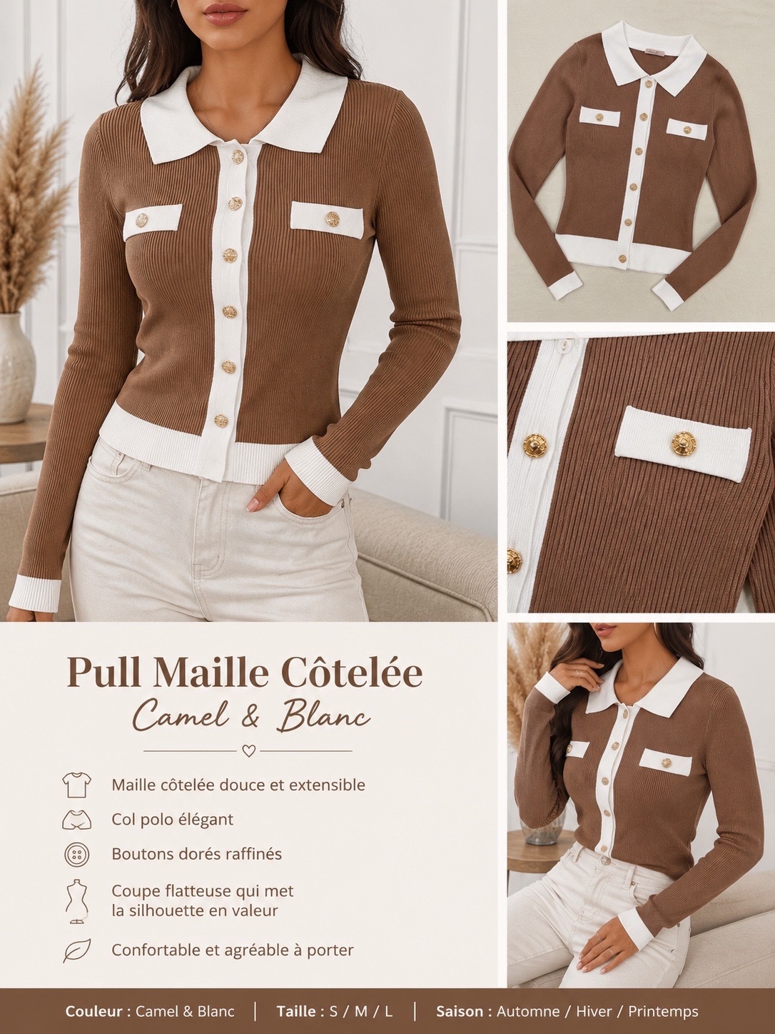 Pull en maille côtelée camel et blanc à col polo 