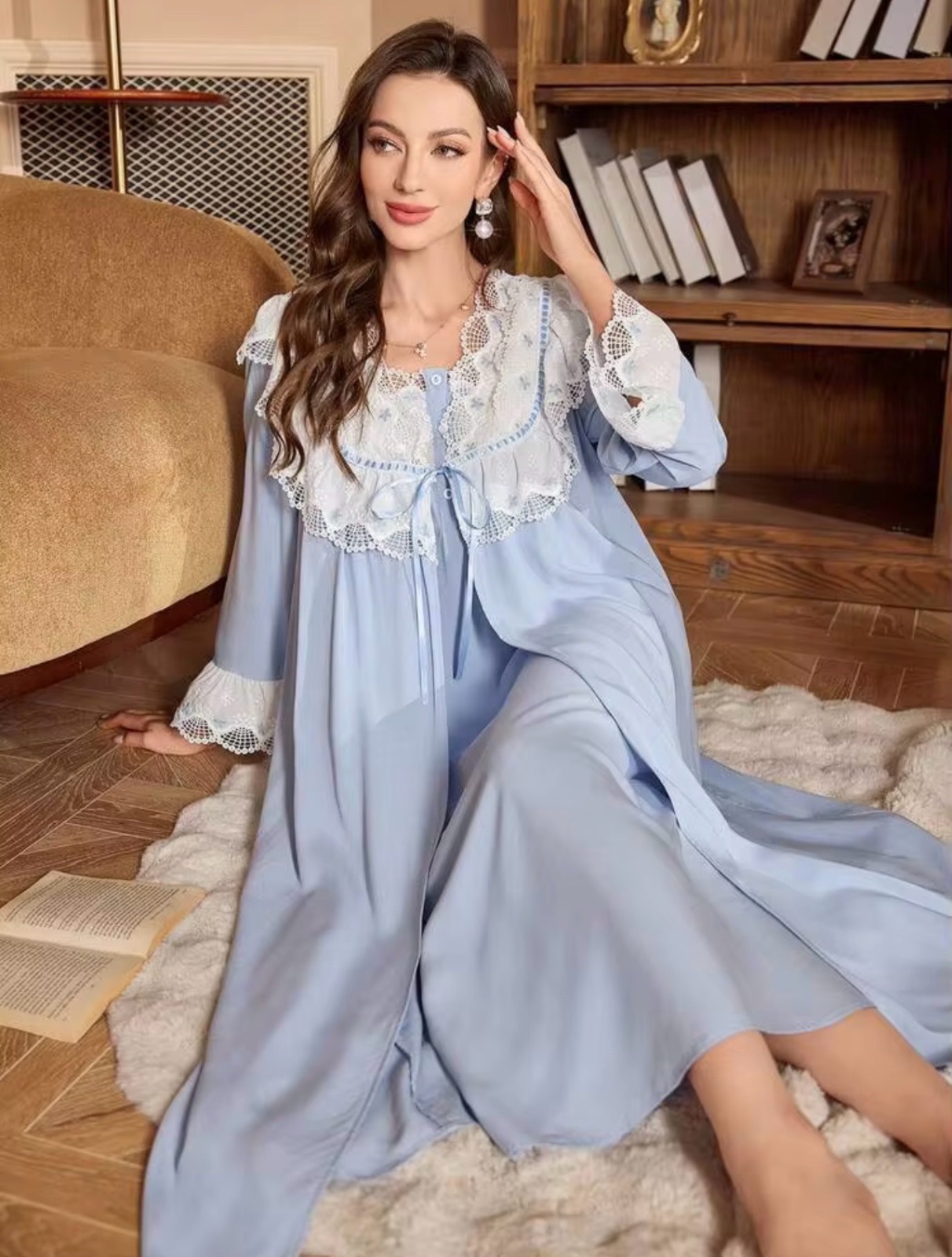 PalaceNights 2 pièces Ensemble de robe de nuit avec corset style palais en patchwork de dentelle contrastée et robe ample à manches évasées avec ceinture nouée. Tenue pour la saison des fêtes, automne-hiver