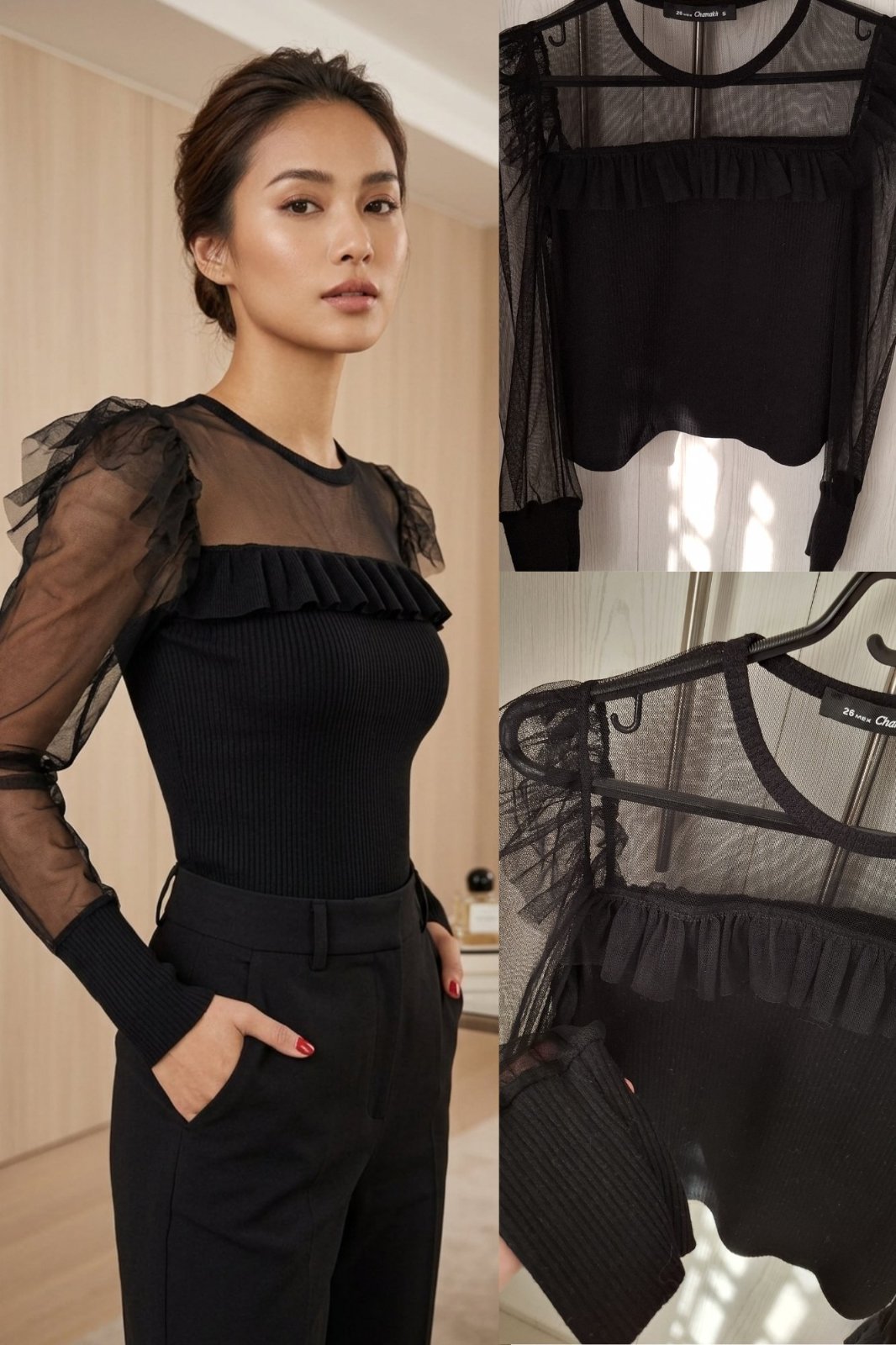 ​Top chic noir 🔥Jeu de transparence & volants✨️ 