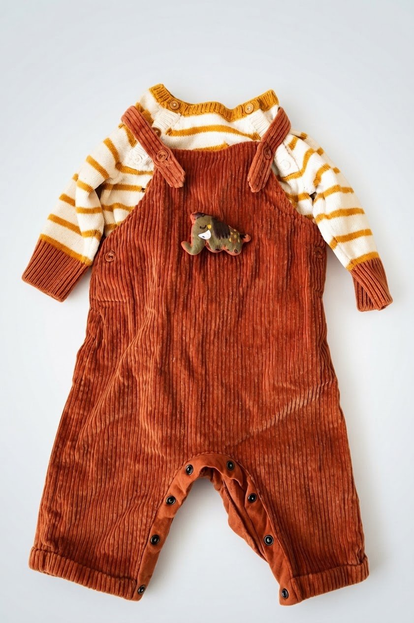 🧡 Ensemble bébé 2 pièces – Salopette en velours côtelé & pull rayé