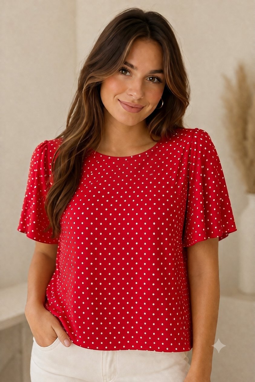 🌺 Blouse rouge à pois blancs Primark – Élégante & légère ❤️❤️