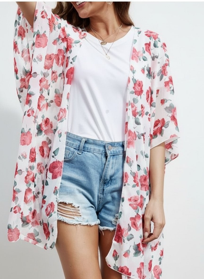 Vintage style white red & dusky pink floral kimono size L H&M Divided