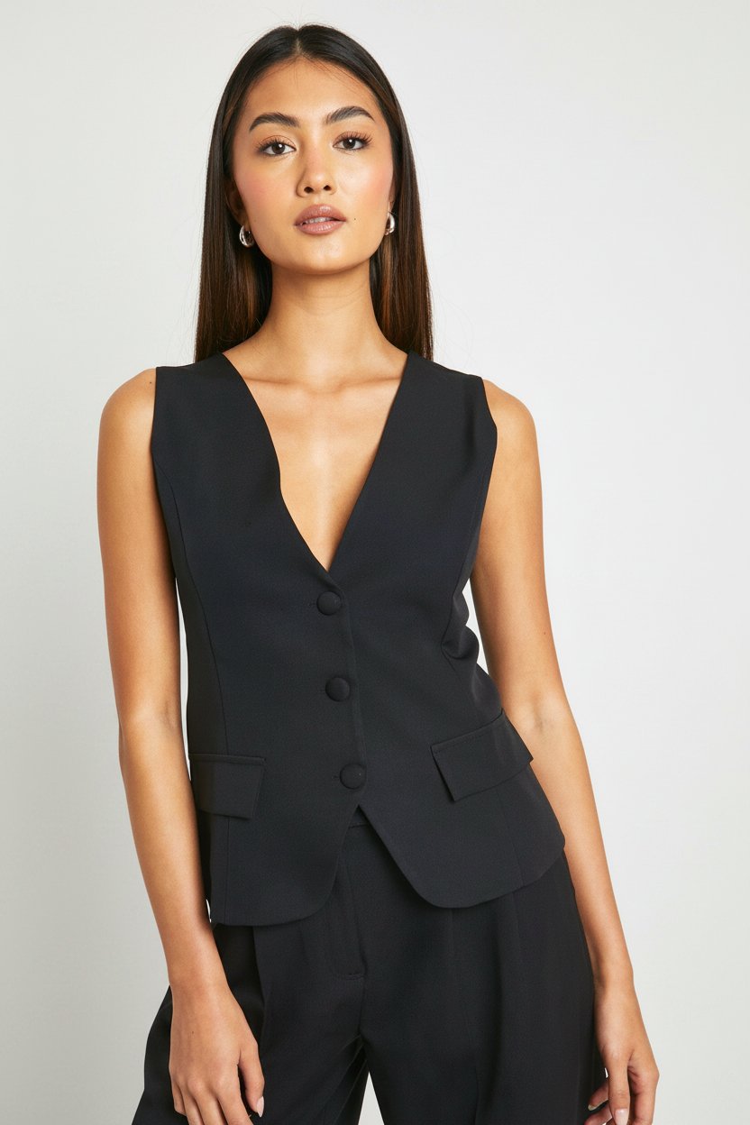 Gilet long épuré à coupe ajustée en tissu texturé  Décolleté en V taille 42
