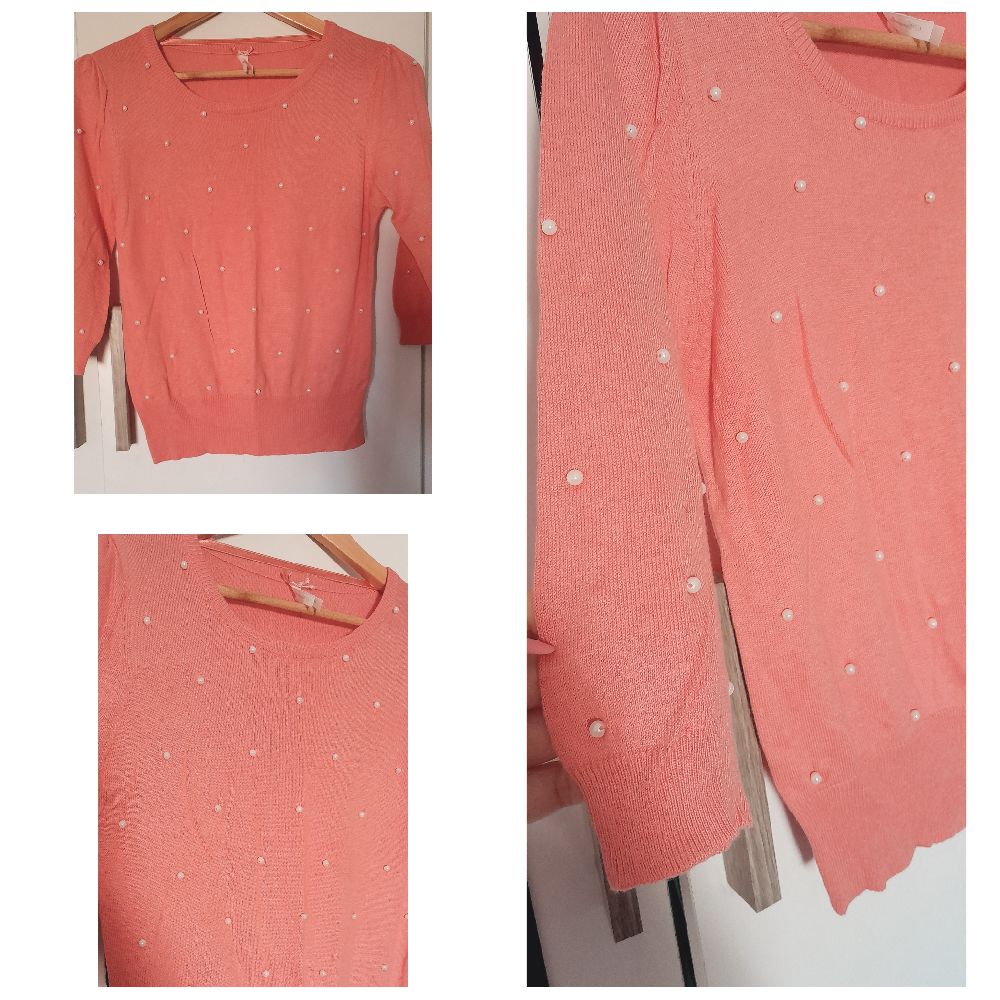 Pull en laine fine a perles  couleur saumon manches 3/4 taille S  très chic 