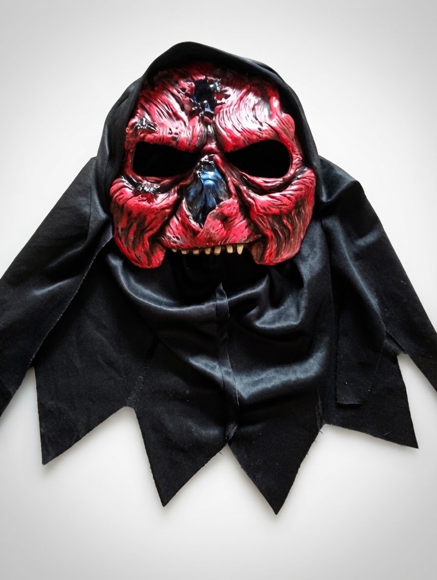 Masque de crâne d'Halloween rouge avec une capuche noire