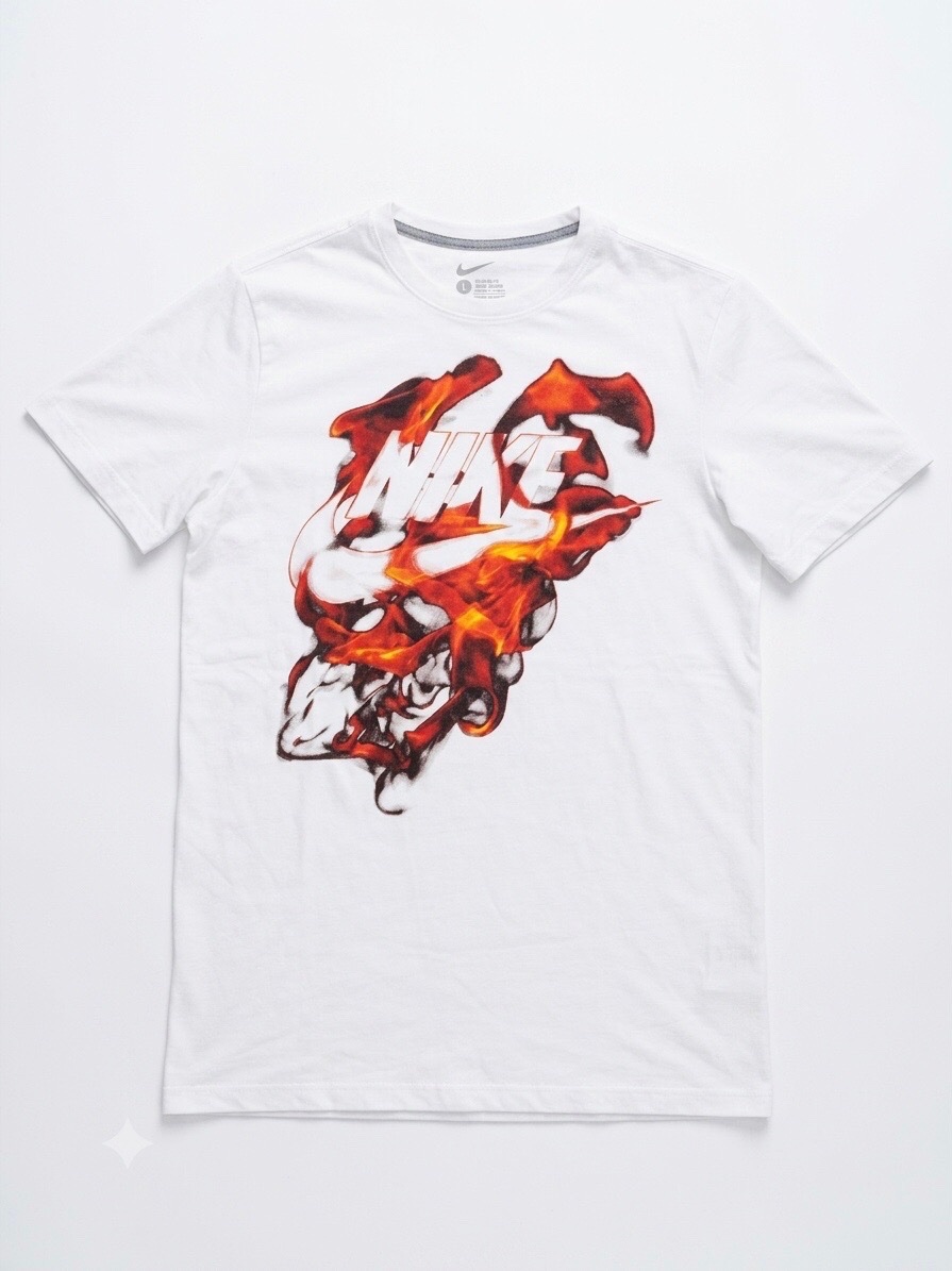 T-shirt Homme NIKE L Blanc Logo Flame Fire Regular Fit