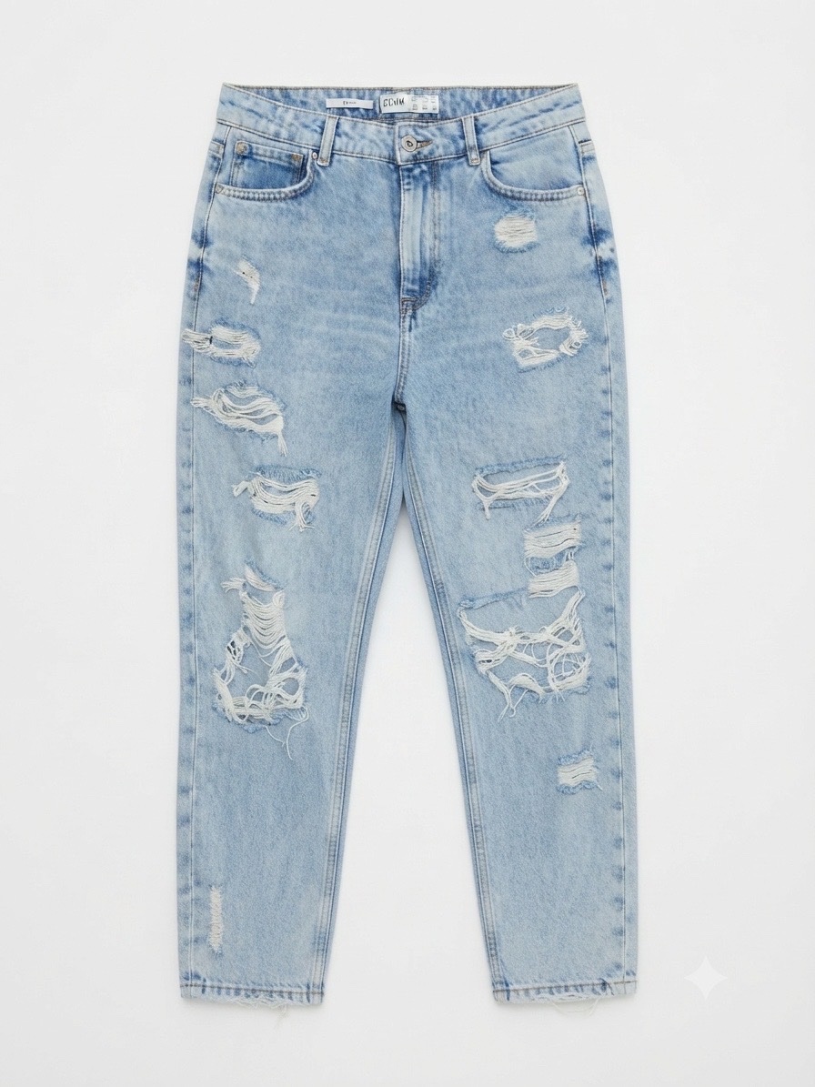 Jean Femme BERSHKA EUR38 MOM High Waist Destroy Bleu Clair