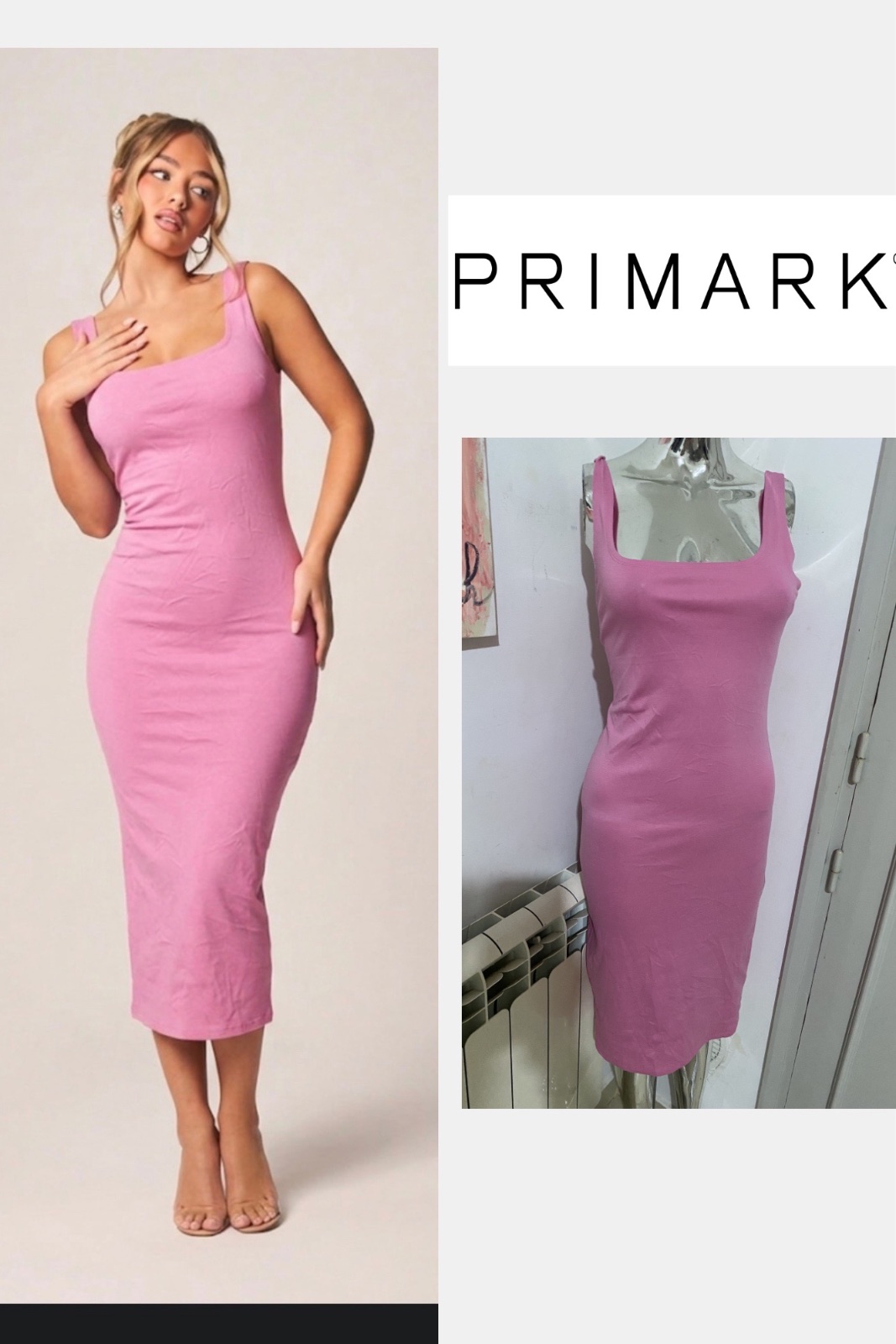 Primark robe moulante rose mi-longue à encolure carrée pour un style chic et féminin. ✨👗