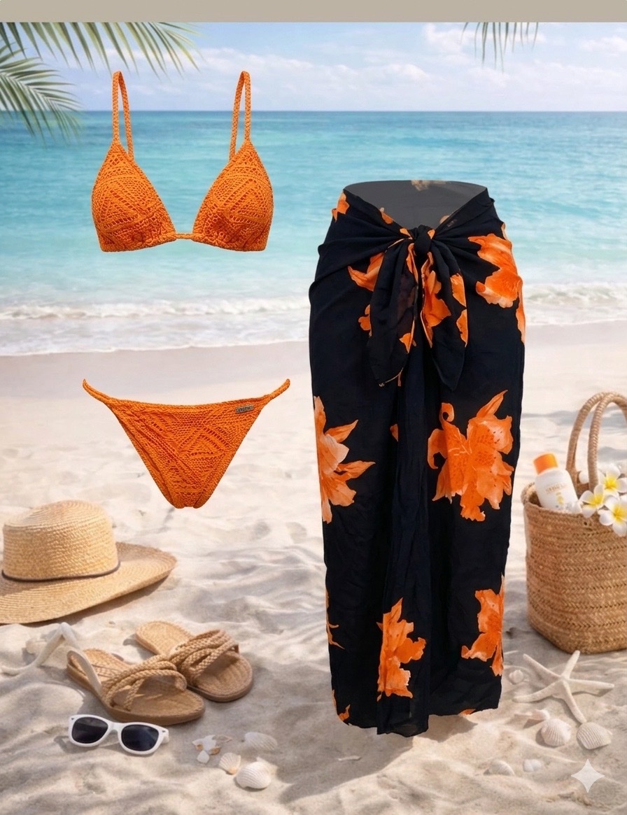 Vibe bohème absolue avec cet ensemble Roxy en crochet et son cache-maillot assorti ! 🐚🌴