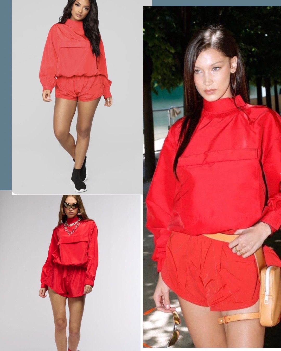 Combinaison rouge vif avec un haut à col montant, des manches longues et un short assorti est un modèle de Fashion Nova, souvent appelé "Can You Run It Romper