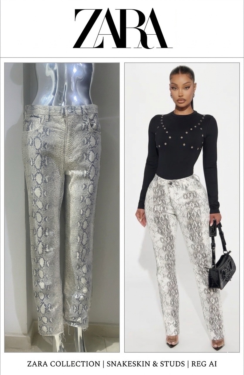 Pantalon Zara à imprimé serpent gris et beige, doté d'une coupe droite et d'un bas effiloché👖