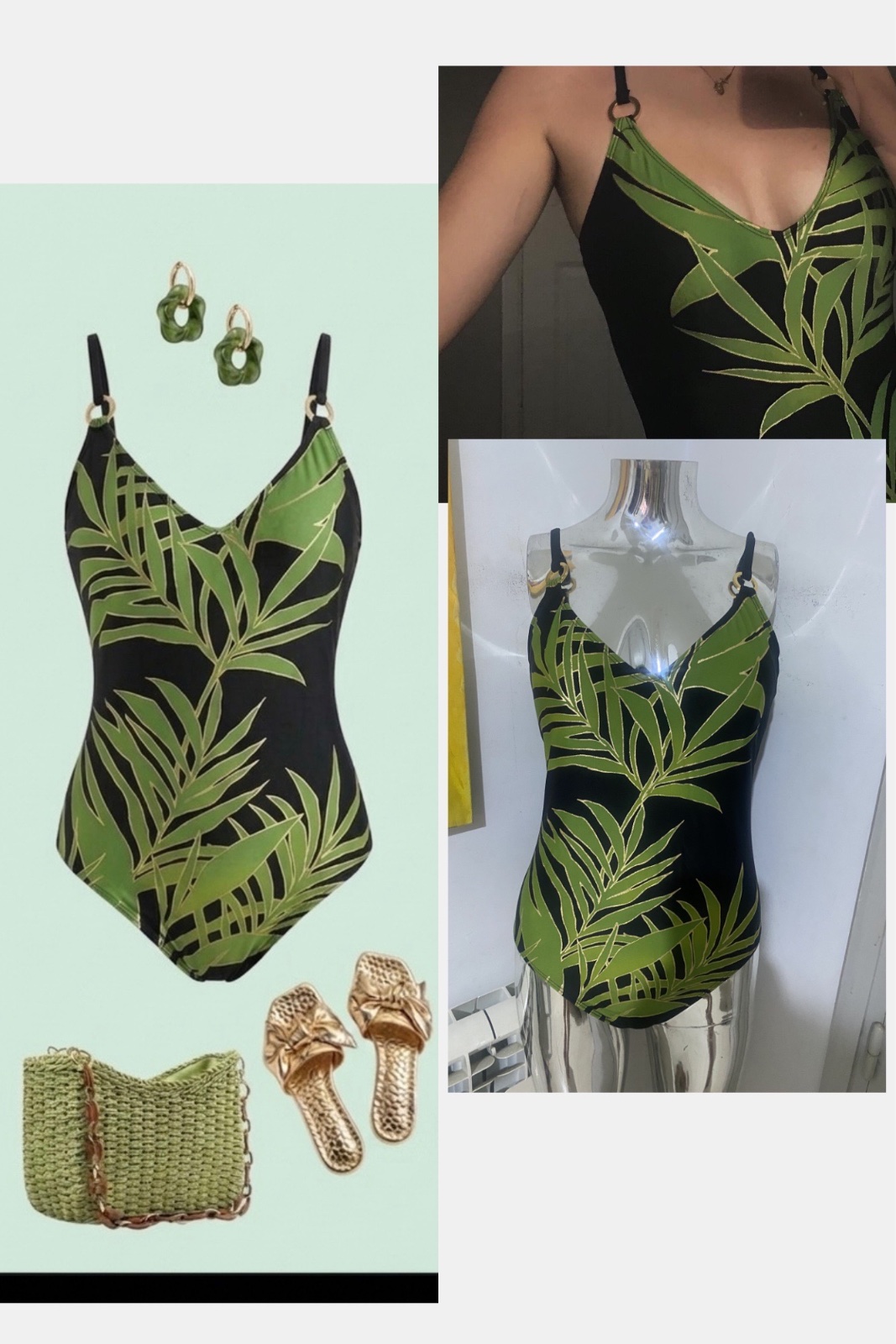 Maillot de bain une pièce noir à motif tropical de grands feuillages verts, doté d'un décolleté en V et de fines bretelles reliées par de petits anneaux dorés👙🏖️