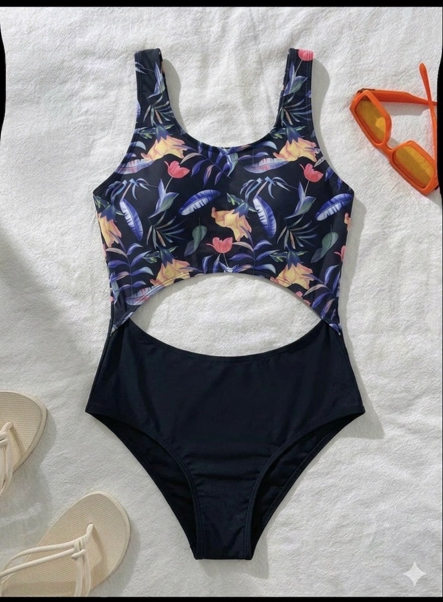 Maillot de bain une pièce ajouré au motif floral tropical