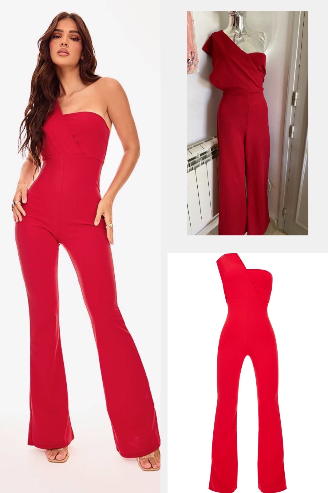 Combinaison rouge vibrante à épaule dénudée et pantalon large, l'élégance audacieuse incarnée. ❤️💃