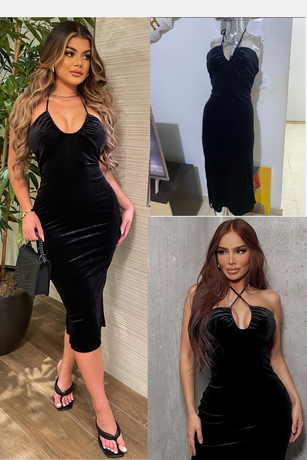 Robe midi en velours noir à col licou croisé. 🖤✨