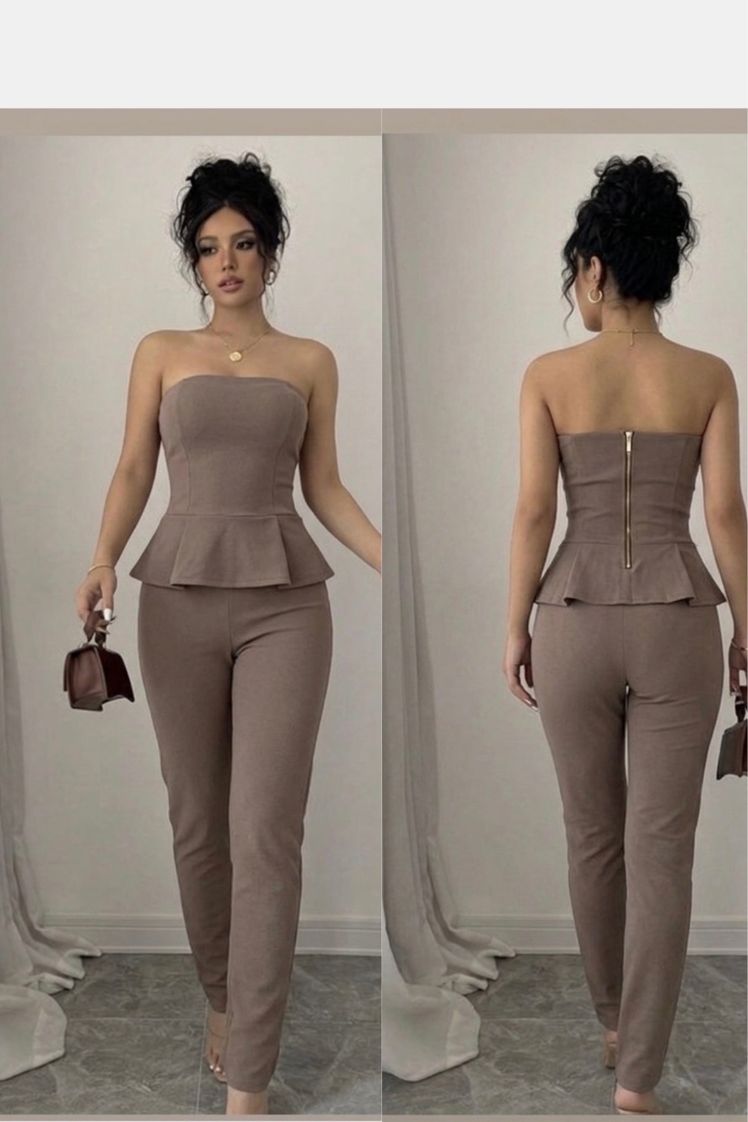 Élégante combinaison bustier taupe avec effet péplum chic ✨ Elle sublime la silhouette en un clin d’œil ! 🤎