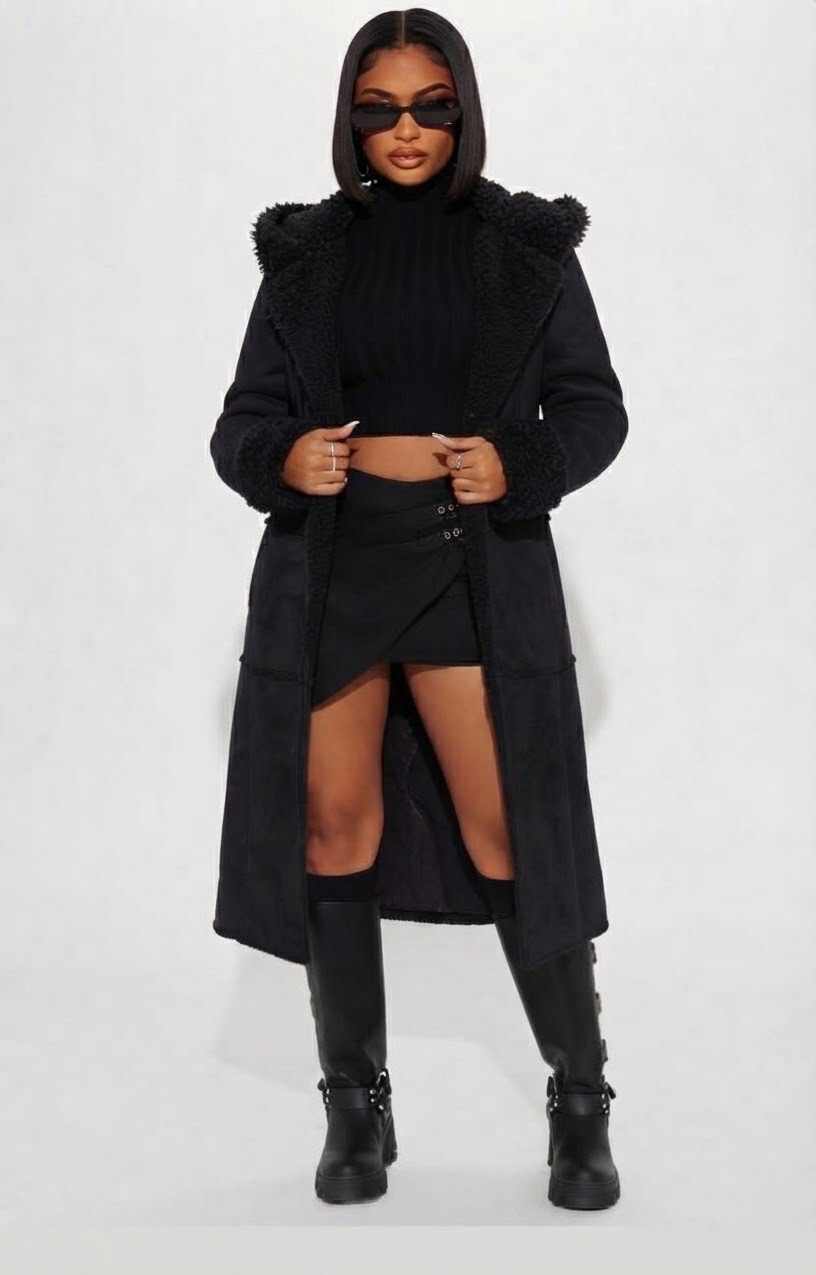 ✨ Sublime manteau suédé noir avec capuche effet mouton : Idéal pour l'hiver 🧥🖤