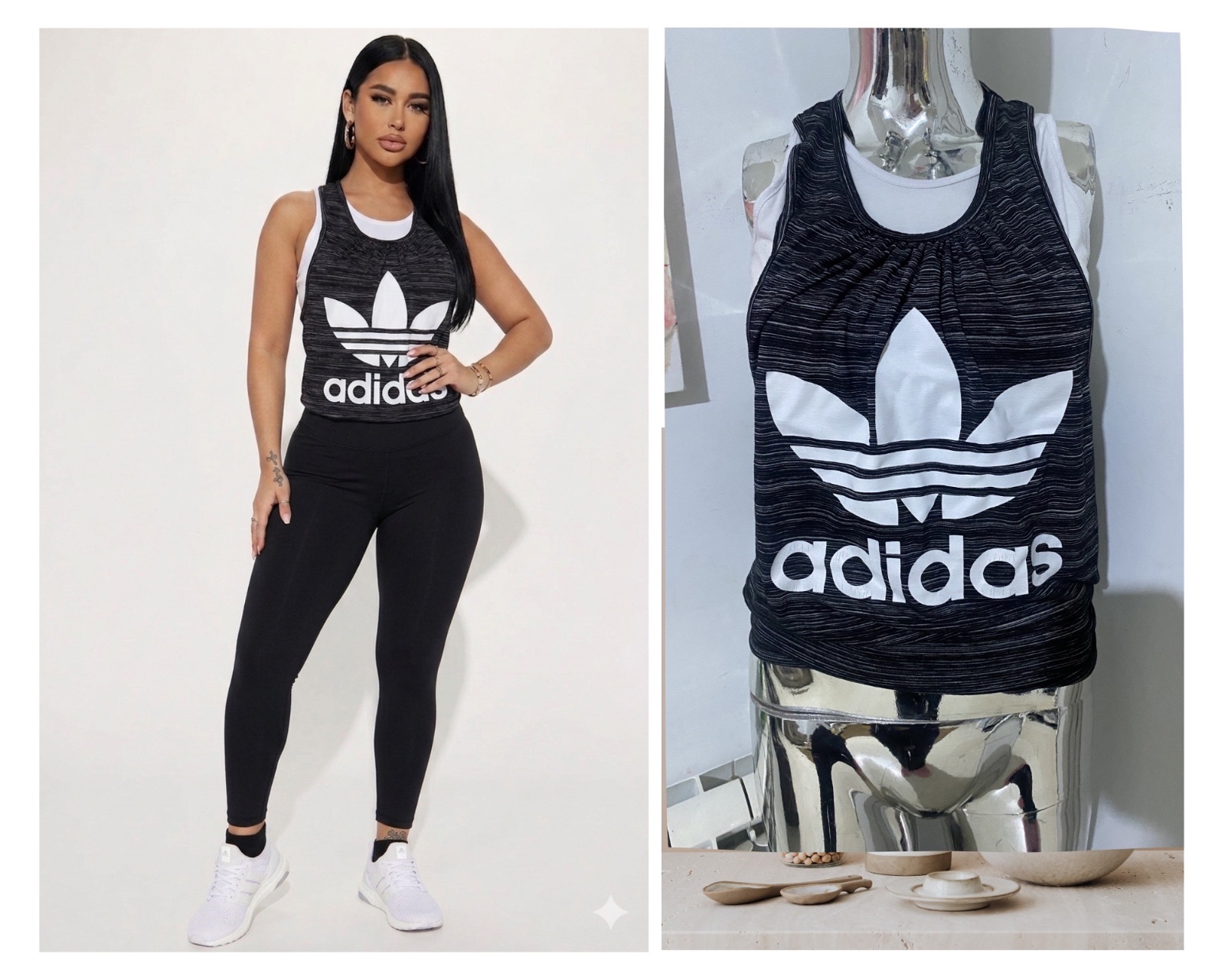 Haut Adidas Originals à effet superposé, design plissé et logo graphique blanc.