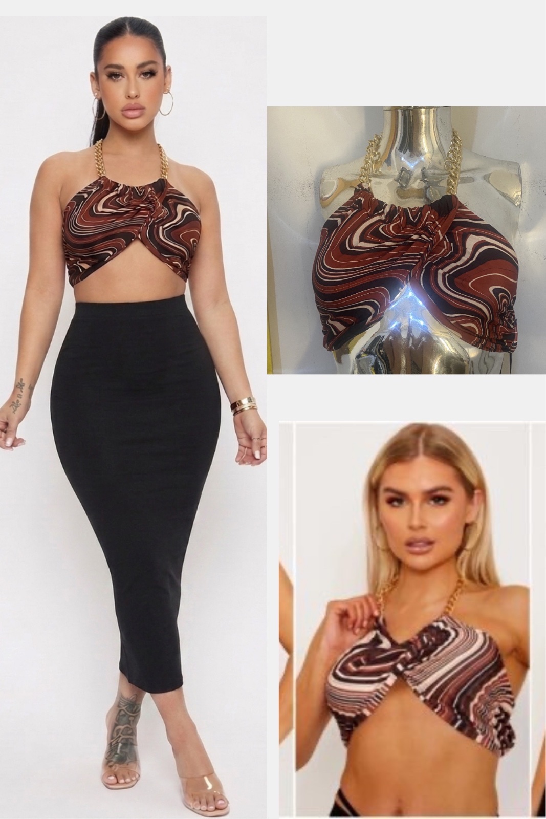 Un crop top dos nu au motif marbré marron et noir, sublimé par des bretelles en chaîne dorée. ✨🤎Avec jupe shein moulant offert