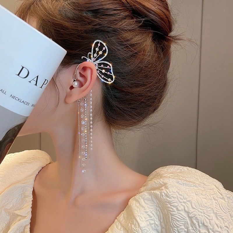 Bangcool Boucles d'Oreilles Pendantes à Clip Papillon avec Pompon Brillant Non Percé
