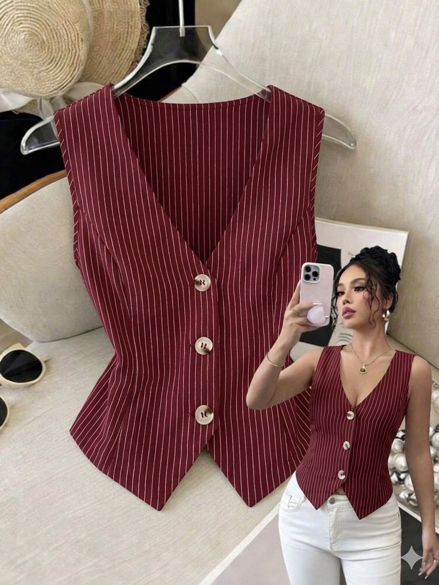Veste sans manches bordeaux à fines rayures blanches, cintrée pour une silhouette chic. 🍷📏✨
