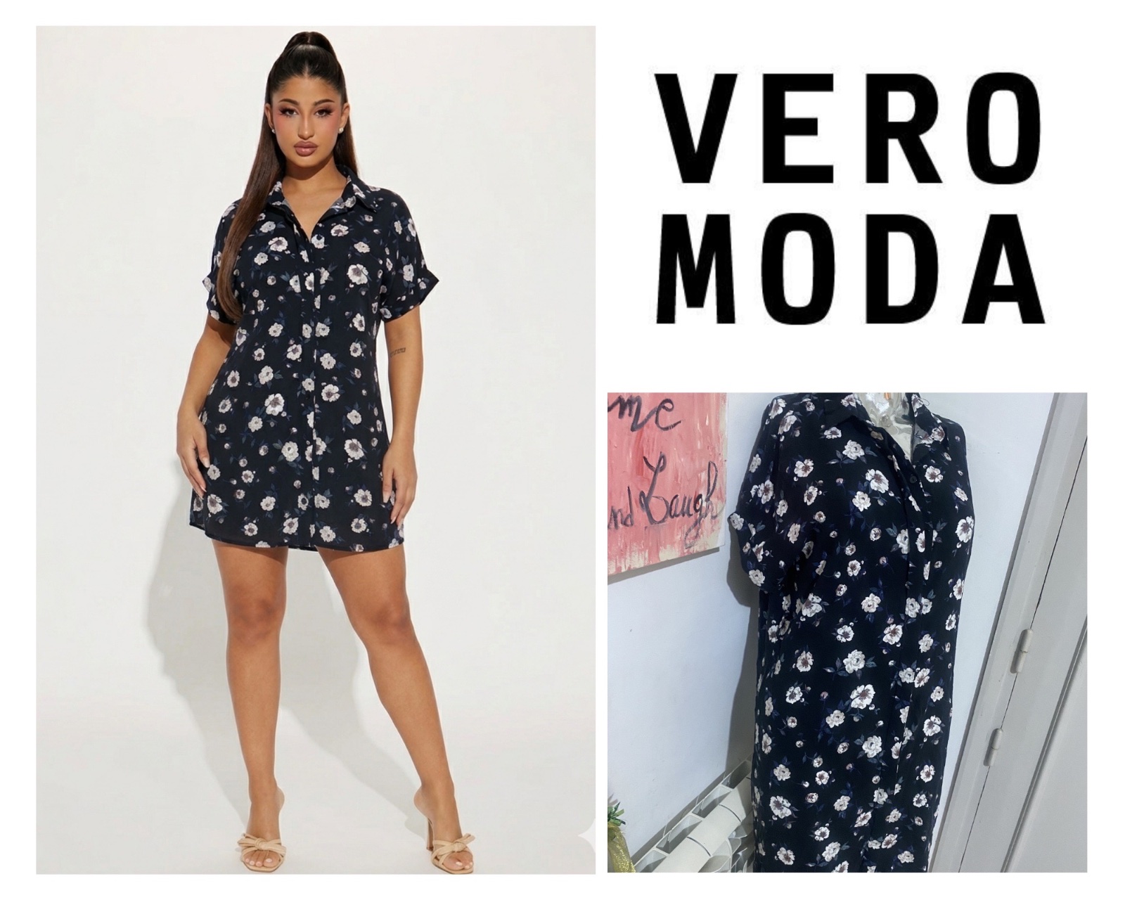 Robe courte boutonnée noire à imprimé floral blanc, à la fois décontractée et élégante. 👗