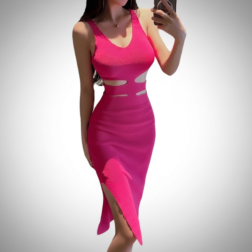 Une robe moulante en tricot de couleur magenta avec des découpes. 👗