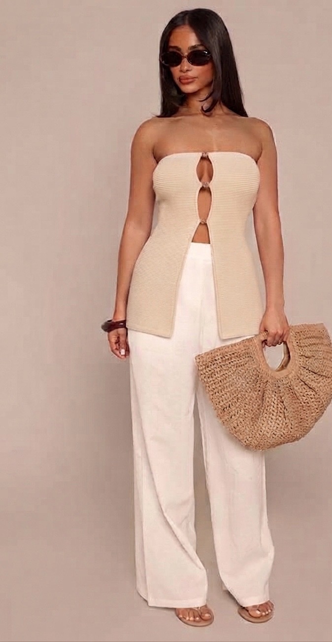 Top bustier Shein côtelé beige avec découpes à boutons et fente avant 🤎✨