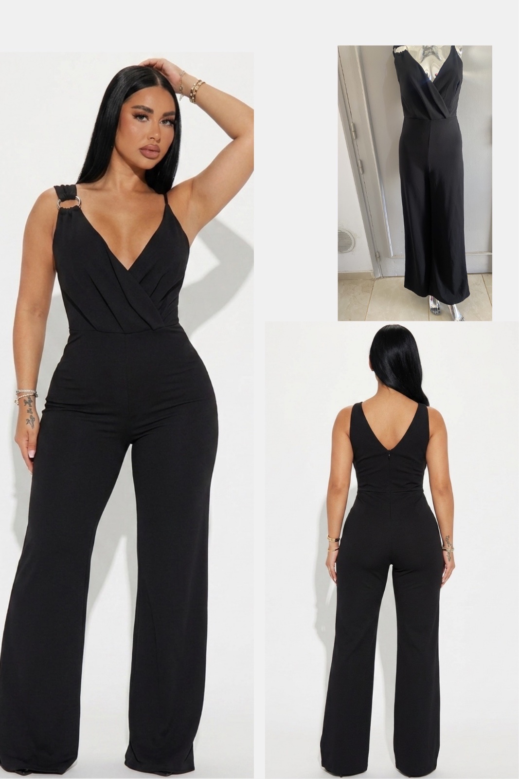 Combinaison noire élégante à jambes larges avec un détail d'anneau doré chic. ✨👖
