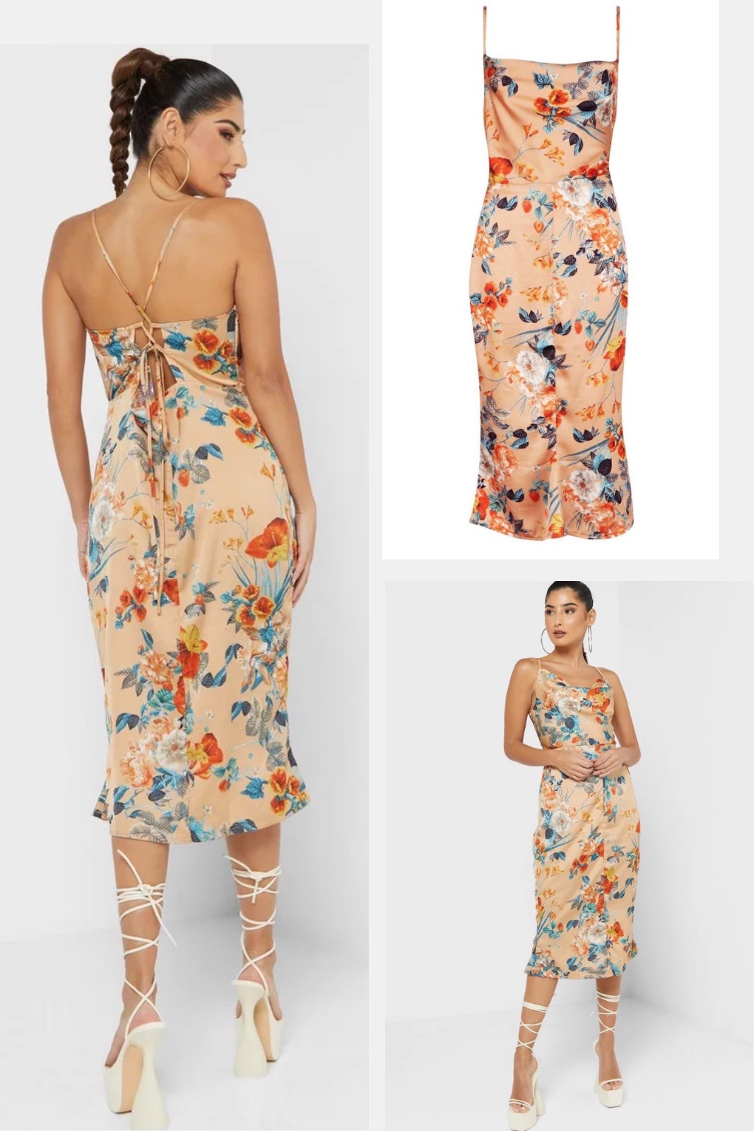 Robe midi satinée col bénitier à imprimé floral vibrant et dos lacé style cage. 🌸✨👗