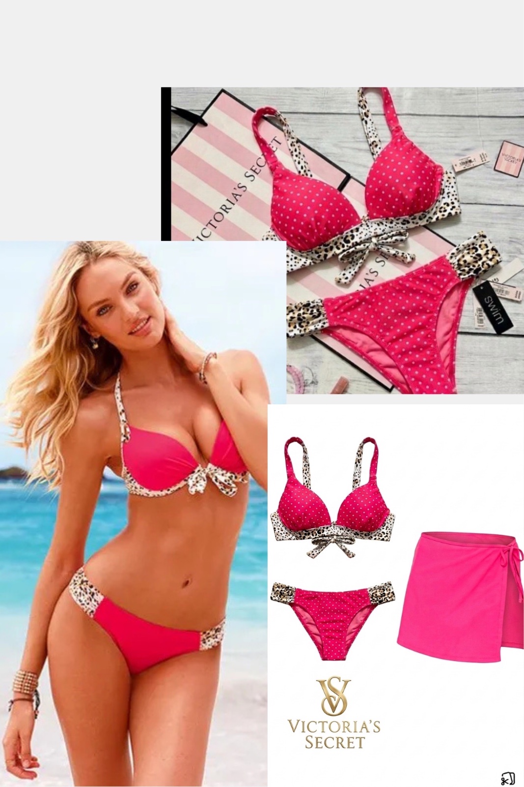 Ensemble bikini Victoria's Secret à pois roses et imprimé léopard, accompagné de son paréo assorti. 👙✨