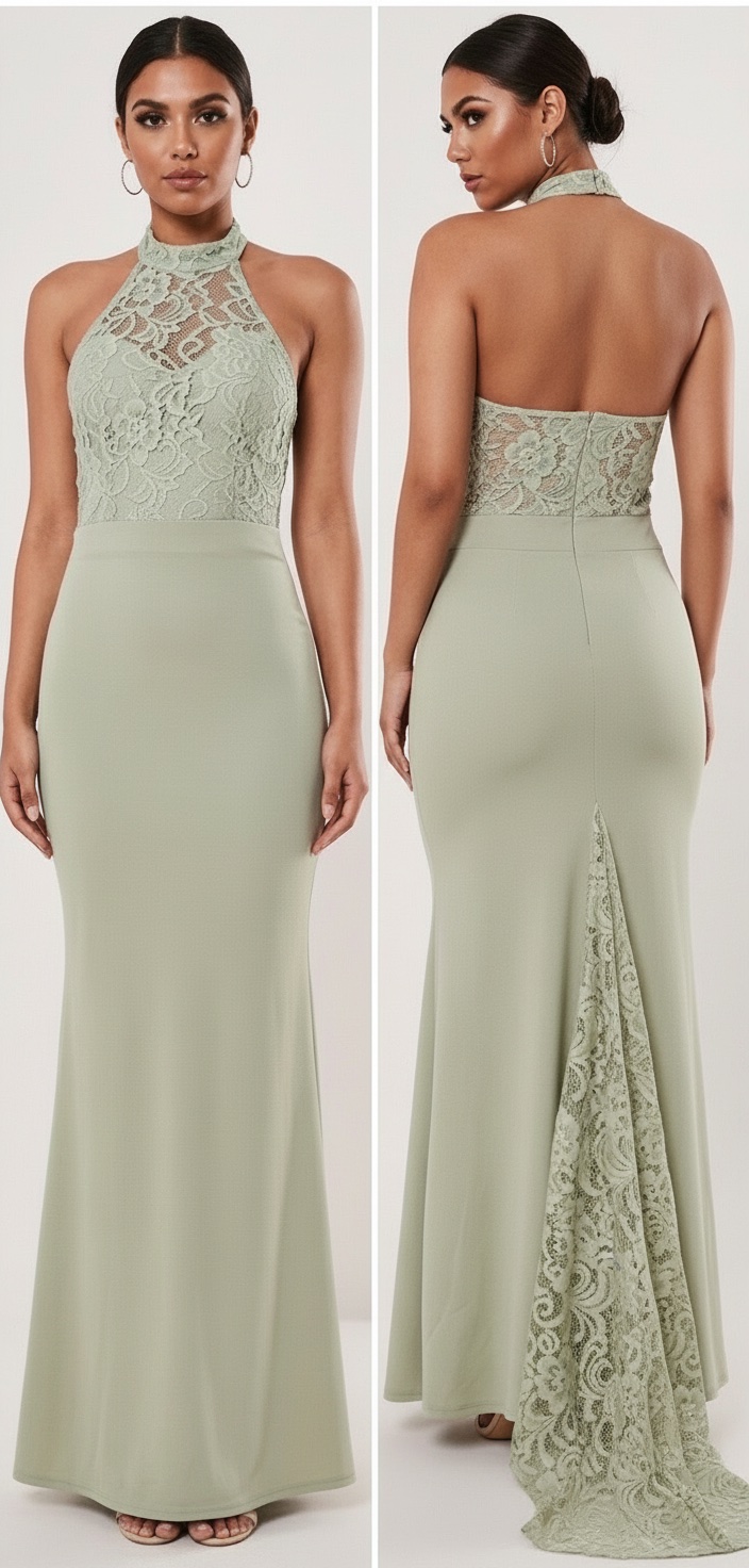 Sublime robe de soirée coupe sirène vert sauge, alliant un bustier en dentelle délicate et un dos nu spectaculaire pour une silhouette irrésistible. ✨💃