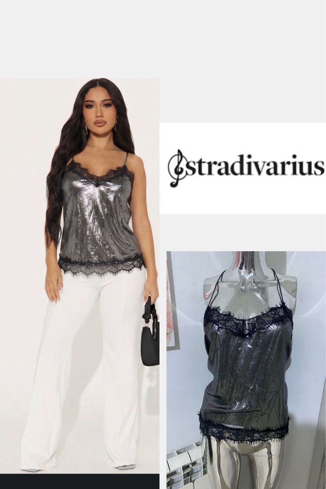 Stradivarius Top caraco métallisé argenté avec bordure en dentelle noire. ✨