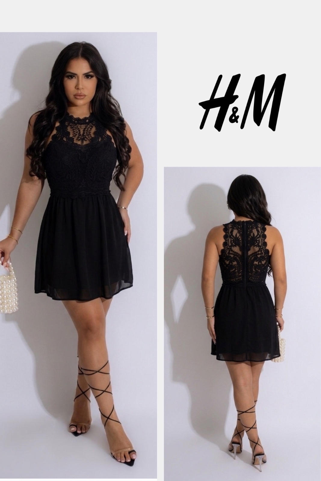 H&M Petite robe noire fluide avec un dos nu entièrement en dentelle florale transparente et fermeture éclair. 🖤✨