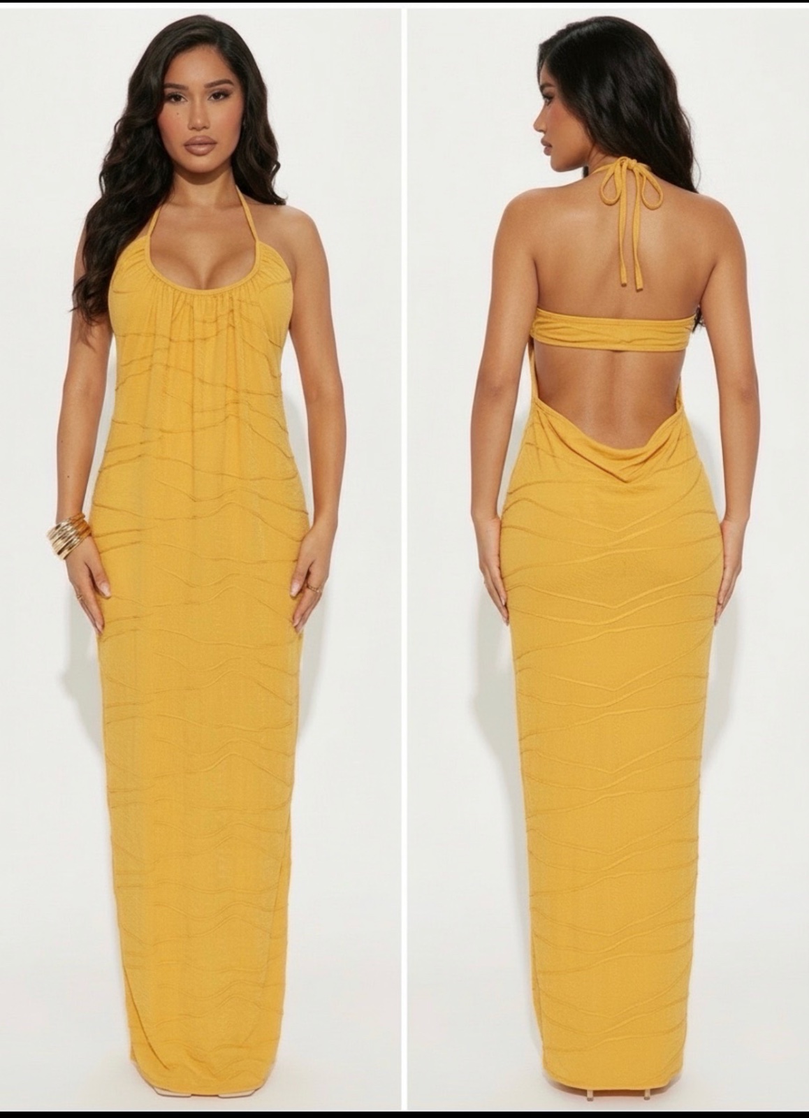 Robe maxi prettylittlething jaune moutarde dos nu pour vos journées ensoleillées☀️
