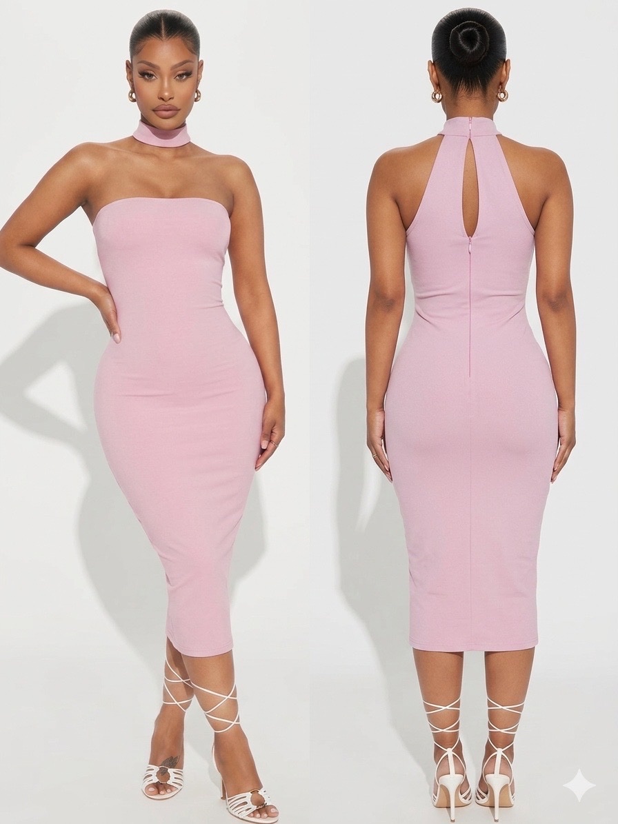 Une robe midi moulante rose mauve, élégante et sophistiquée, avec un col choker assorti et un dos nu raffiné. ✨